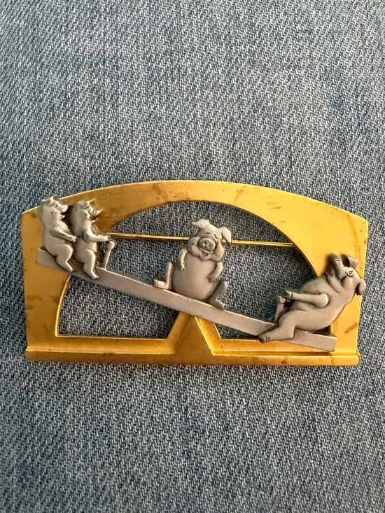Jonette Jewelry Jewelry - Jonette Vintage Brooch Pigs on Articulated See Saw